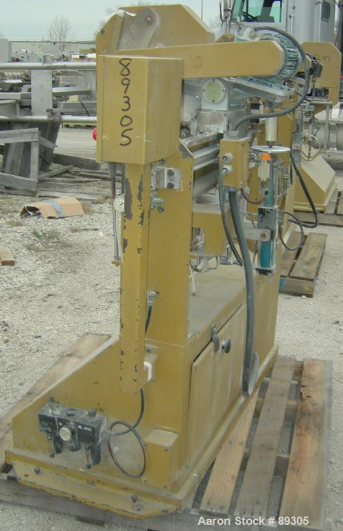 USED: Becz Machine traveling cut off chop saw, model 101. Approximate 14" diameter blade, pneumatically adjustable hold downs. Approximate 24" saw travel. Driven by a 2 hp, 3/60/575 volt, 3450 rpm mo...