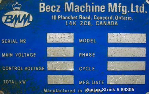 USED: Becz Machine traveling cut off chop saw, model 101. Approximate 14" diameter blade, pneumatically adjustable hold downs. Approximate 24" saw travel. Driven by a 2 hp, 3/60/575 volt, 3450 rpm mo...