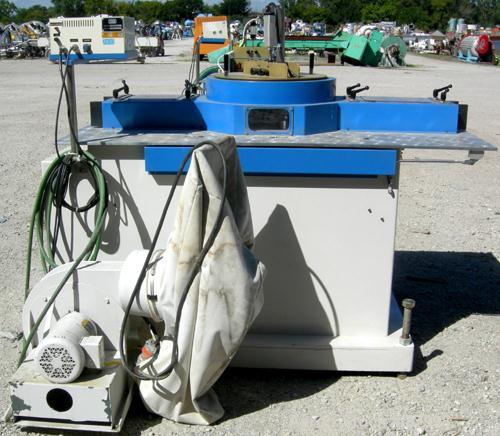 Used Custom Downstream Systems Upacting Traveling Miter Saw, Model CTMS-6.5-13. Approximately 14" diameter blade, pneumatically adjustable top clamp. Can be set to 15, 30 and 45 degree angles. Driven...