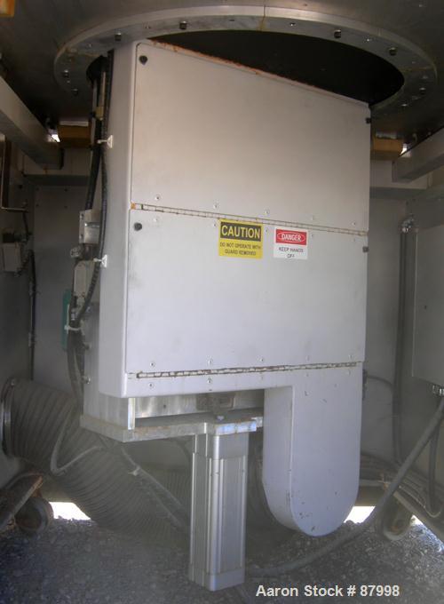 Used Custom Downstream Systems Upacting Traveling Miter Saw, Model CTMS-6.5-13. Approximately 14" diameter blade, pneumatically adjustable top clamp. Can be set to 15, 30 and 45 degree angles. Driven...
