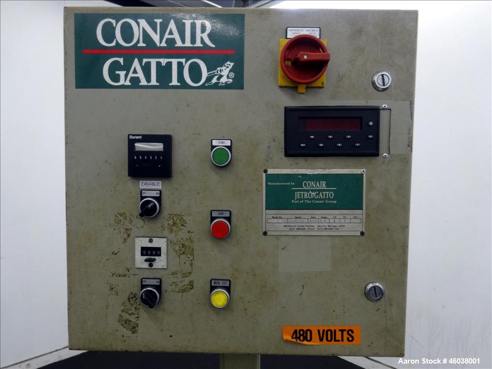 Used Conair Jetro Gatto Cut-Off Saw, Model UC-4-18. Approximate 16" diameter cutting blade. 18" Travel, 4-1/2" O.D. capacity with a 25" maximum cut length. Driven by a 1hp, 3/60/208-230/460 volt, 345...