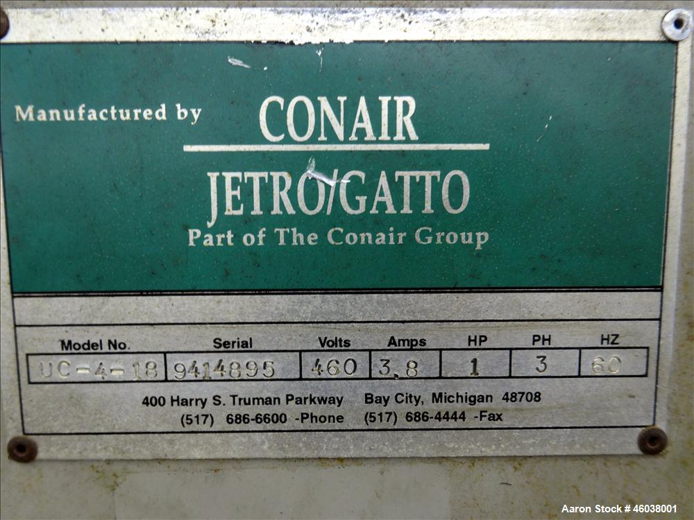 Used Conair Jetro Gatto Cut-Off Saw, Model UC-4-18. Approximate 16" diameter cutting blade. 18" Travel, 4-1/2" O.D. capacity with a 25" maximum cut length. Driven by a 1hp, 3/60/208-230/460 volt, 345...