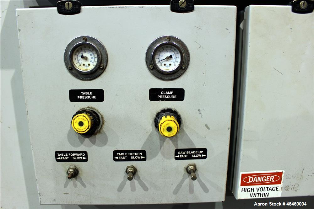 Used CDS Traveling Cut-off Saw, Model CTS 6.5-13D. Up acting blade, 18" AC traveling table. Top hold down. Profile cut cross section 3.5" high x 13" wide. Maximum O.D. 6.7". Blade rpm 2156. Blade dri...