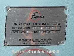 USED: Farris universal automatic travelling saw, model R31/2.12" diameter blade, pneumatically operated downstroke and carriagespeed. Blade driven by an approx 3/4 hp motor.