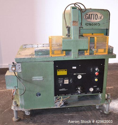 Used Gatto Traveling Center Arm Saw, Model OPS-7-24. 20 Diameter blade, 24 table travel, 7 O.D. capacity, maximum 12 cuts per minute. Driven by a 3hp, 3/60/208-230/460 volt, 1725 rpm motor. Mounted o...
