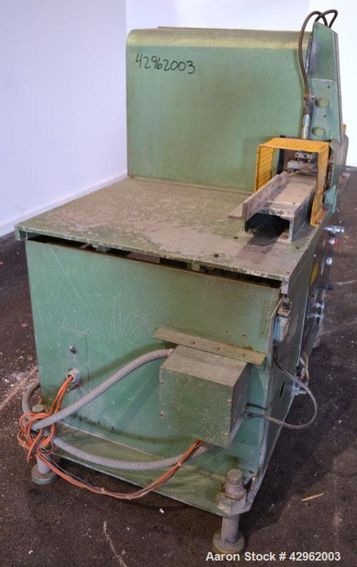 Used Gatto Traveling Center Arm Saw, Model OPS-7-24. 20 Diameter blade, 24 table travel, 7 O.D. capacity, maximum 12 cuts per minute. Driven by a 3hp, 3/60/208-230/460 volt, 1725 rpm motor. Mounted o...