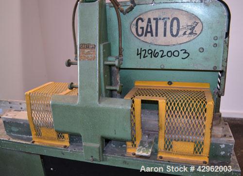 Used Gatto Traveling Center Arm Saw, Model OPS-7-24. 20 Diameter blade, 24 table travel, 7 O.D. capacity, maximum 12 cuts per minute. Driven by a 3hp, 3/60/208-230/460 volt, 1725 rpm motor. Mounted o...