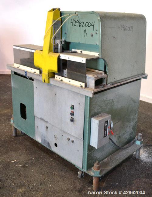 Used Gatto Traveling Center Arm Saw, Model OPS-7-24. 20 Diameter blade, 24 table travel, 7 O.D. capacity, maximum 12 cuts per minute. Driven by a 3hp, 3/60/208-230/460 volt, 1725 rpm motor. Mounted o...