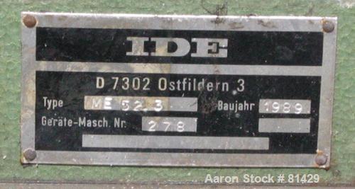 USED: IDE cutoff saw, model ME52.3. (1) 12" diameter air operatedup acting blade, driven by an approx 1/4 hp motor. Adjustable tableheight. Unit includes an IDE model MEAS53 dust sock filter withblow...