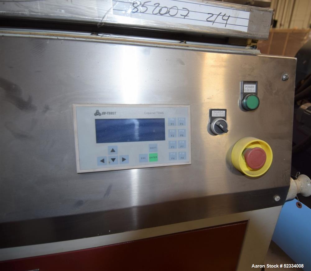 Used JWell Extrusion Machinery Upacting Traveling Cut Off Saw. Cutting range 0-400mm, table approximate 1900mm x 1700mm, with hold-down. Serial# MP1411/174.
