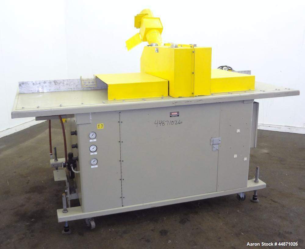 Used Michigan Plastics Machinery Traveling Chop-Cut Saw.  Blade driven by a 1.5 hp, 3/60/208-230/460 volt, 3500 rpm motor.  Mounted on a base with adjustable legs.  No manufacturer's tag.