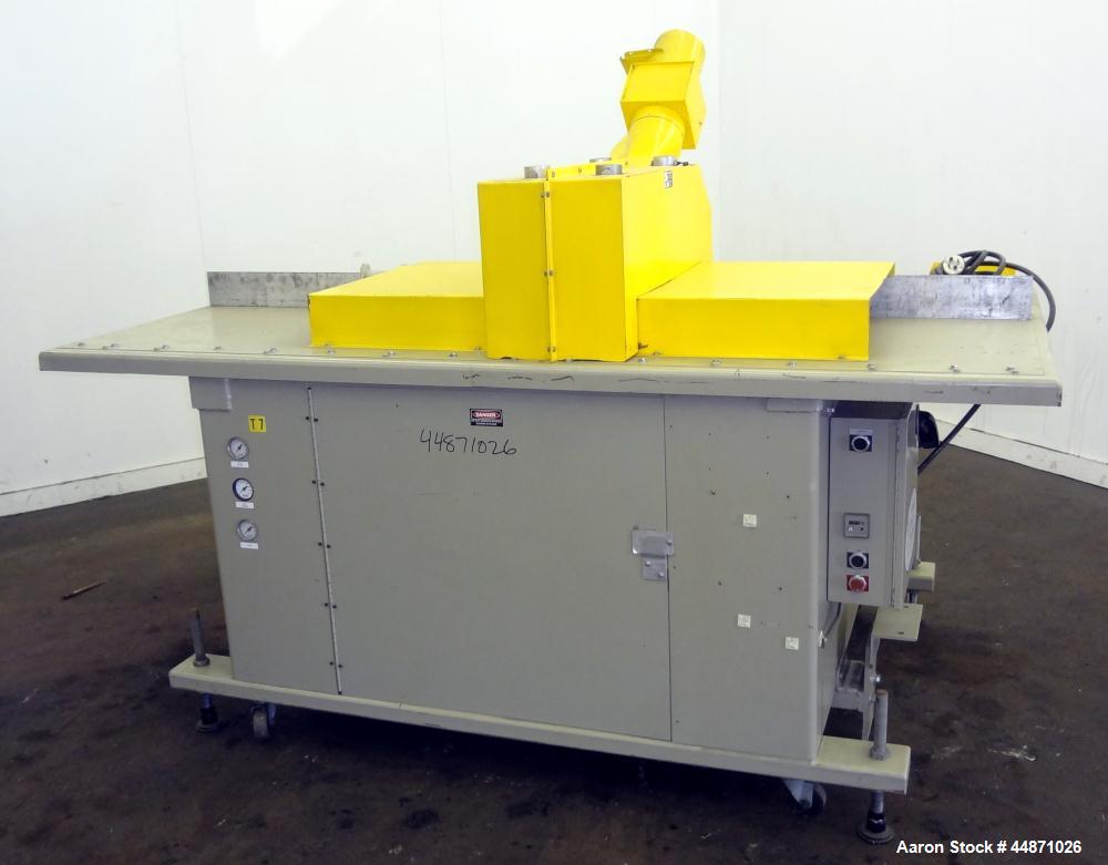 Used Michigan Plastics Machinery Traveling Chop-Cut Saw.  Blade driven by a 1.5 hp, 3/60/208-230/460 volt, 3500 rpm motor.  Mounted on a base with adjustable legs.  No manufacturer's tag.