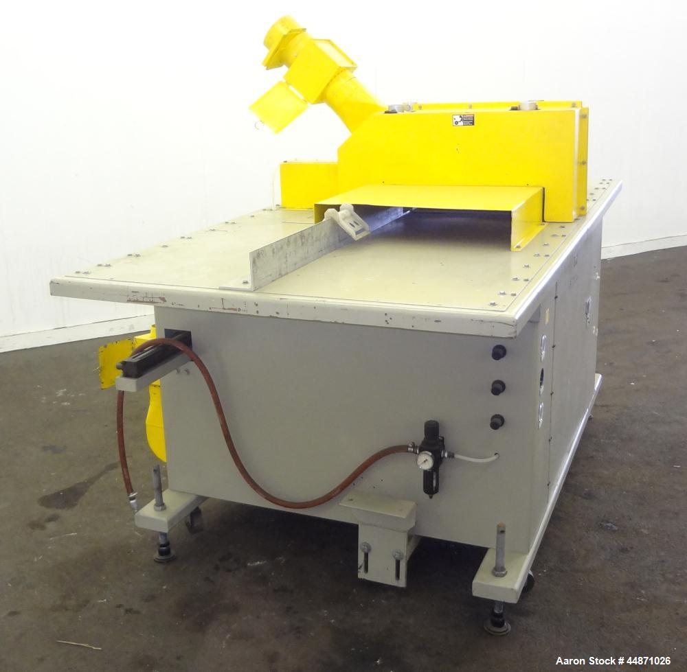 Used Michigan Plastics Machinery Traveling Chop-Cut Saw.  Blade driven by a 1.5 hp, 3/60/208-230/460 volt, 3500 rpm motor.  Mounted on a base with adjustable legs.  No manufacturer's tag.