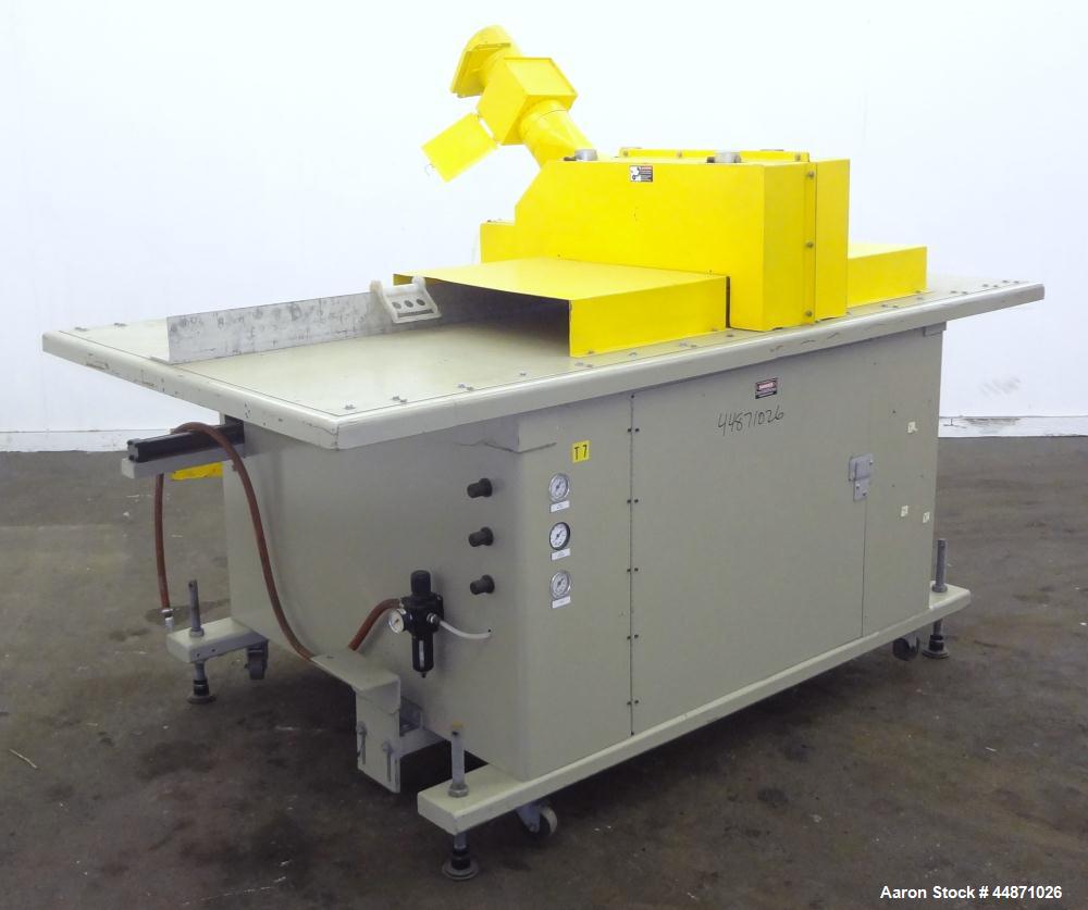 Used Michigan Plastics Machinery Traveling Chop-Cut Saw.  Blade driven by a 1.5 hp, 3/60/208-230/460 volt, 3500 rpm motor.  Mounted on a base with adjustable legs.  No manufacturer's tag.