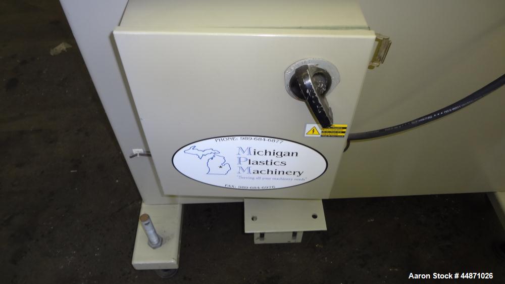 Used Michigan Plastics Machinery Traveling Chop-Cut Saw.  Blade driven by a 1.5 hp, 3/60/208-230/460 volt, 3500 rpm motor.  Mounted on a base with adjustable legs.  No manufacturer's tag.