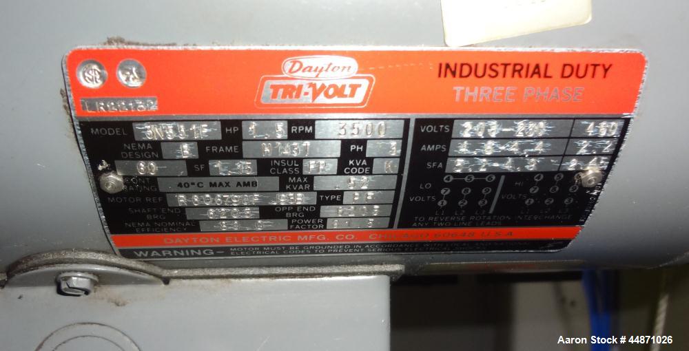 Used Michigan Plastics Machinery Traveling Chop-Cut Saw.  Blade driven by a 1.5 hp, 3/60/208-230/460 volt, 3500 rpm motor.  Mounted on a base with adjustable legs.  No manufacturer's tag.