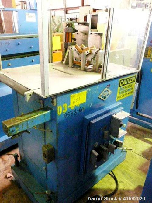 Used Metaplast Traveling Cut Off Saw, Model MST-4. Up acting blade, 16.6" traveling table. Top hold down. Pipe capacity 6" diameter, Profile cross section 2.5" high x 7" wide. Approximate 12" diamete...