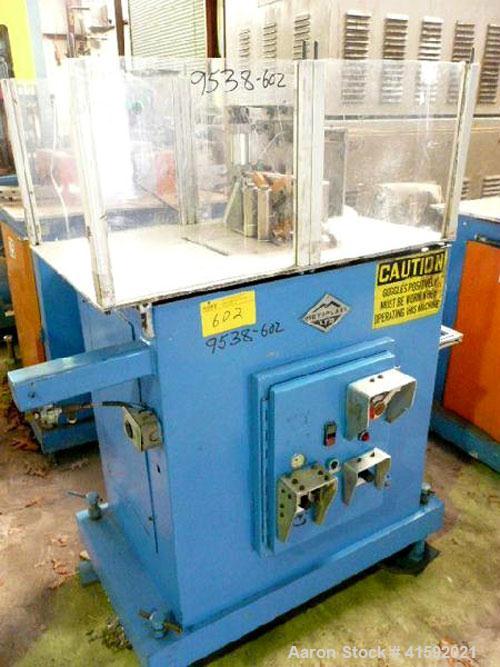 Used Metaplast Traveling Cut Off Saw, Model MST-4. Up acting blade, 16.6'' traveling table. Top hold down. Pipe capacity 6'' diameter, Profile cross section 2.5'' high x 7'' wide. Approximate 12'' di...