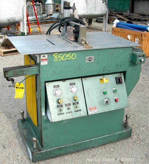 Used Metaplast Air Traveling Cut Off Saw, Model MST-4. 12" Diameter up acting blade. Traveling table. Top air operated hold down. Driven by an approximately 3 hp motor.