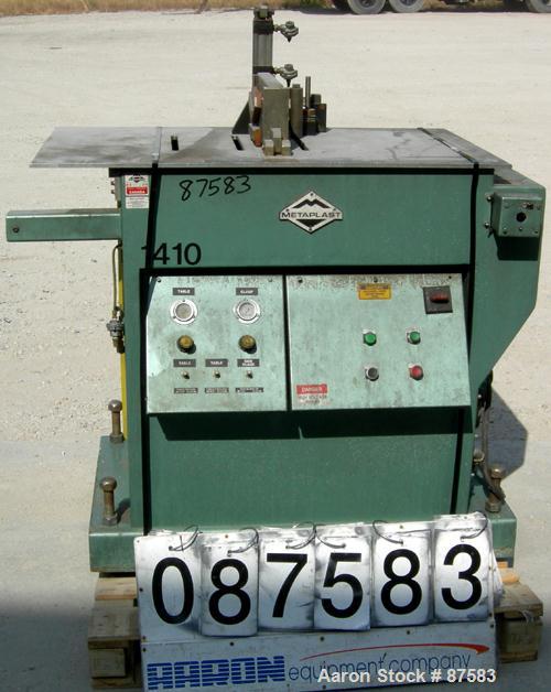 Used Metaplast Air Traveling Cut Off Saw, Model MST-4. Top air operated hold down. Requires motor and saw blade.