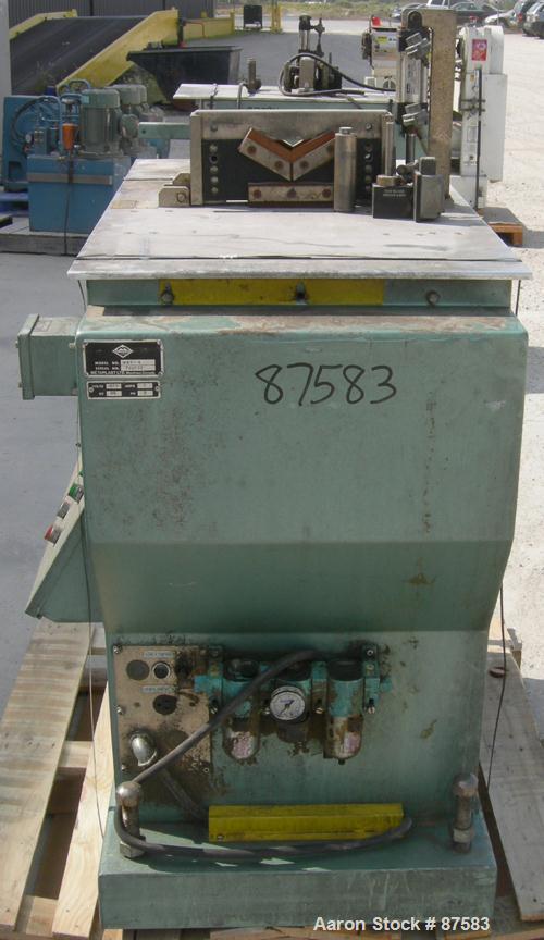 Used Metaplast Air Traveling Cut Off Saw, Model MST-4. Top air operated hold down. Requires motor and saw blade.