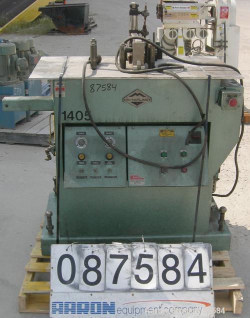 Used Metaplast Air Traveling Cut Off Saw, Model MST-4. 12" Diameter up acting blade, traveling table. Top air operated hold down. Driven by an approximate 3 hp, 575 volt motor.