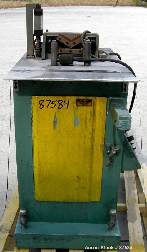 Used Metaplast Air Traveling Cut Off Saw, Model MST-4. 12" Diameter up acting blade, traveling table. Top air operated hold down. Driven by an approximate 3 hp, 575 volt motor.