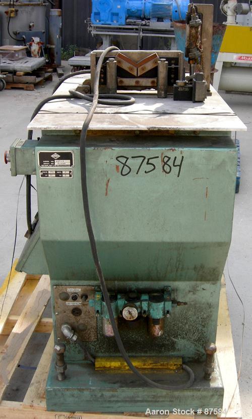 Used Metaplast Air Traveling Cut Off Saw, Model MST-4. 12" Diameter up acting blade, traveling table. Top air operated hold down. Driven by an approximate 3 hp, 575 volt motor.
