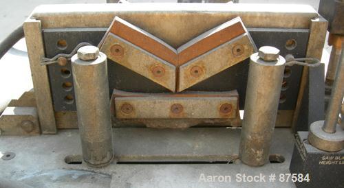 Used Metaplast Air Traveling Cut Off Saw, Model MST-4. 12" Diameter up acting blade, traveling table. Top air operated hold down. Driven by an approximate 3 hp, 575 volt motor.