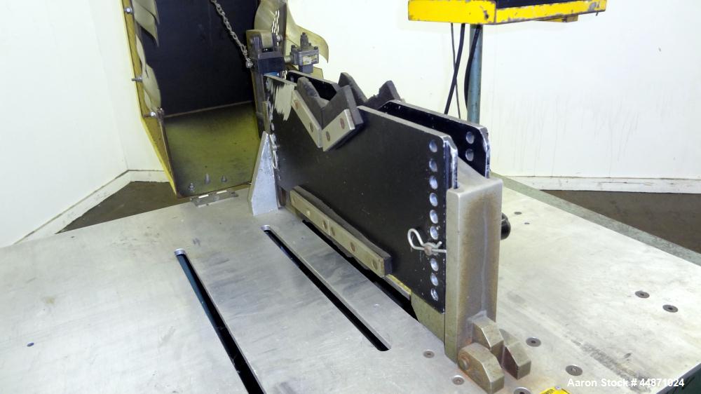 Used Metaplast Traveling Cut Off Saw, Model MST-6.  Approximately 18" diameter up acting saw blade, 15.5" traveling table, pneumatic top hold down.  Pipe capacity 6" diameter.  Profile cross section ...