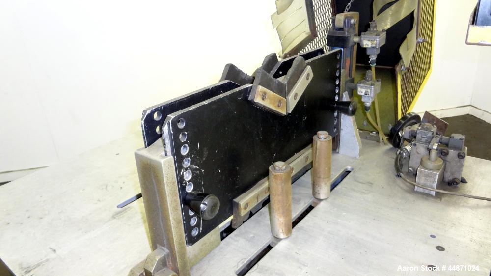 Used Metaplast Traveling Cut Off Saw, Model MST-6.  Approximately 18" diameter up acting saw blade, 15.5" traveling table, pneumatic top hold down.  Pipe capacity 6" diameter.  Profile cross section ...