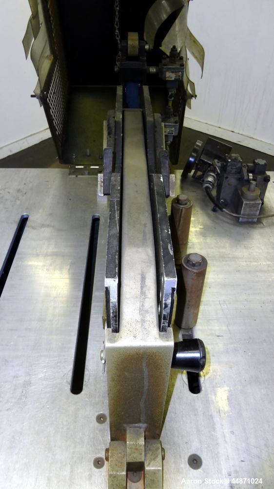 Used Metaplast Traveling Cut Off Saw, Model MST-6.  Approximately 18" diameter up acting saw blade, 15.5" traveling table, pneumatic top hold down.  Pipe capacity 6" diameter.  Profile cross section ...