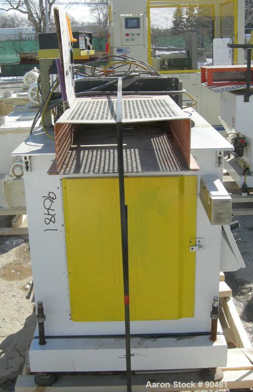 USED: Metaplas traveling cut off saw, model MST-6. Upacting saw blade. Approximate 32" x 52" traveling table. Top air operated hold down. Driven by an approximate 3 hp motor. Includes a dust collecto...