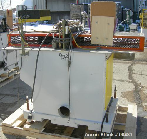 USED: Metaplas traveling cut off saw, model MST-6. Upacting saw blade. Approximate 32" x 52" traveling table. Top air operated hold down. Driven by an approximate 3 hp motor. Includes a dust collecto...