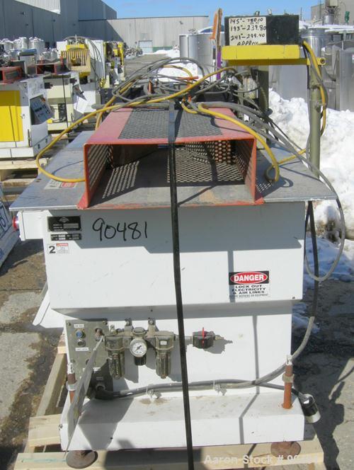 USED: Metaplas traveling cut off saw, model MST-6. Upacting saw blade. Approximate 32" x 52" traveling table. Top air operated hold down. Driven by an approximate 3 hp motor. Includes a dust collecto...