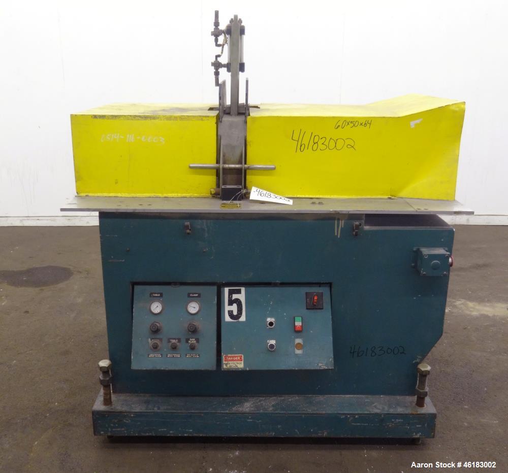 Used Metaplast Air Traveling Cut Off Saw, Model MST8. Approximately 18" diameter up acting blade (blade required), 58" long x 42" wide traveling table. Top air operated hold down. Driven by 5 hp, 3/6...