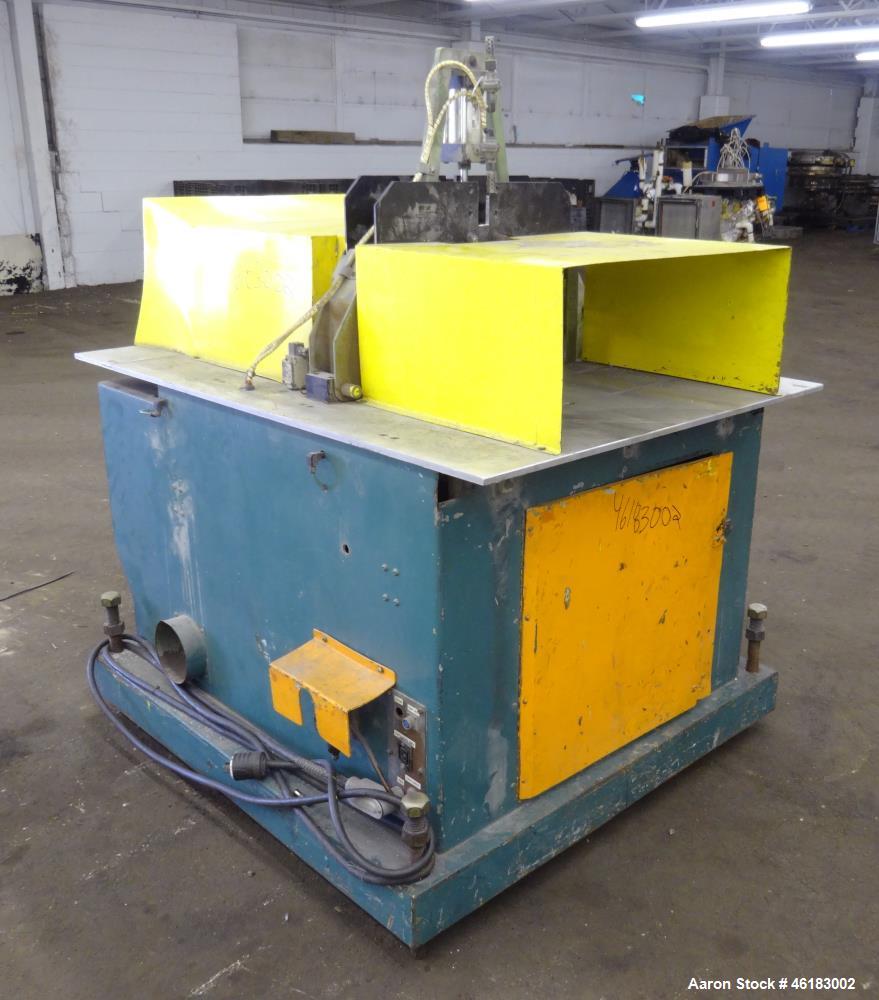 Used Metaplast Air Traveling Cut Off Saw, Model MST8. Approximately 18" diameter up acting blade (blade required), 58" long x 42" wide traveling table. Top air operated hold down. Driven by 5 hp, 3/6...
