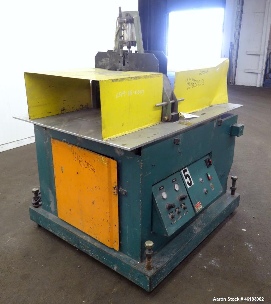 Used Metaplast Air Traveling Cut Off Saw, Model MST8. Approximately 18" diameter up acting blade (blade required), 58" long x 42" wide traveling table. Top air operated hold down. Driven by 5 hp, 3/6...