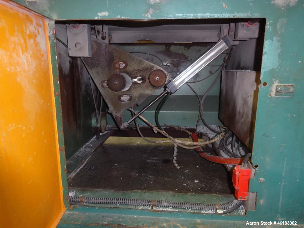 Used Metaplast Air Traveling Cut Off Saw, Model MST8. Approximately 18" diameter up acting blade (blade required), 58" long x 42" wide traveling table. Top air operated hold down. Driven by 5 hp, 3/6...