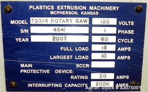 Used PEM/Plastics Extrusion Machinery Traveling Rotary Saw, Model 730/4, Carbon Steel. Designed to cut pipe in the 1/2’’ to 4” size range, 68’’ travel length. Pneumatic clamp downs. Blade and rotatin...