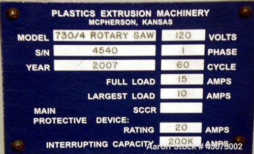 Used PEM/Plastics Extrusion Machinery Traveling Rotary Saw, Model 730/4, Carbon Steel. Designed to cut pipe in the 1/2’’ to 4” size range, 68’’ travel length. Pneumatic clamp downs. Blade and rotatin...