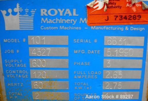 USED: Royal Machine traveling cut off chop saw, model 101. Approximate 14" diameter blade, pneumatically adjustable hold downs. Approximate 24" saw travel. Driven by a 2 hp, 3/60/575 volt, 3460 rpm m...