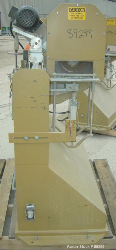 USED: Royal Machine traveling cut off chop saw, model 101. Approximate 14" diameter blade, pneumatically adjustable hold downs. Approximate 24" saw travel. Driven by a 2 hp, 3/60/575 volt, 3480 rpm m...