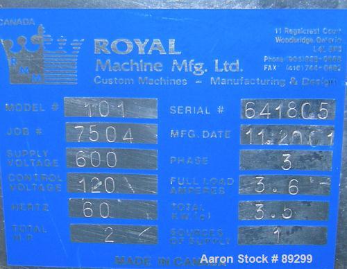 USED: Royal Machine traveling cut off chop saw, model 101. Approximate 14" diameter blade, pneumatically adjustable hold downs. Approximate 24" saw travel. Driven by a 2 hp, 3/60/575 volt, 3480 rpm m...