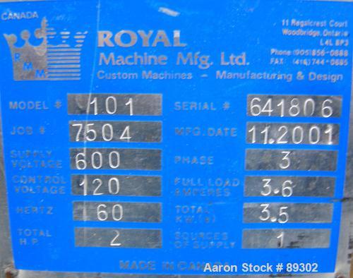 USED: Royal Machine traveling cut off chop saw, model 101. Approximate 14" diameter blade, pneumatically adjustable hold downs. Approximate 24" saw travel. Driven by a 2 hp, 3/60/575 volt, 3480 rpm m...