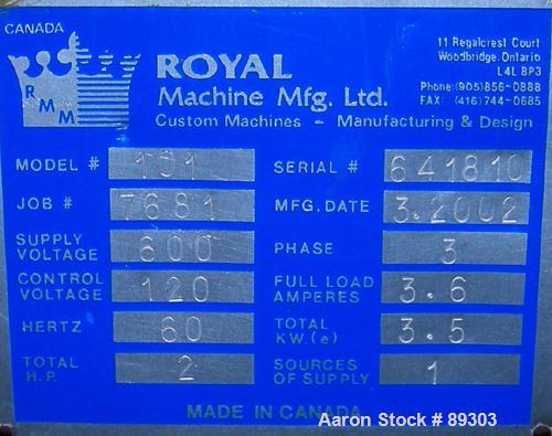 USED: Royal Machine traveling cut off chop saw, model 101. Approximate 14" diameter blade, pneumatically adjustable hold downs. Approximate 24" saw travel. Driven by a 2 hp, 3/60/575 volt, 3480 rpm m...