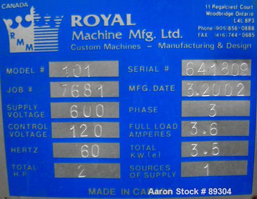 USED: Royal Machine traveling cut off chop saw, model 101. Approximate 14" diameter blade, pneumatically adjustable hold downs. Approximate 24" saw travel. Driven by a 2 hp, 3/60/575 volt, 3480 rpm m...