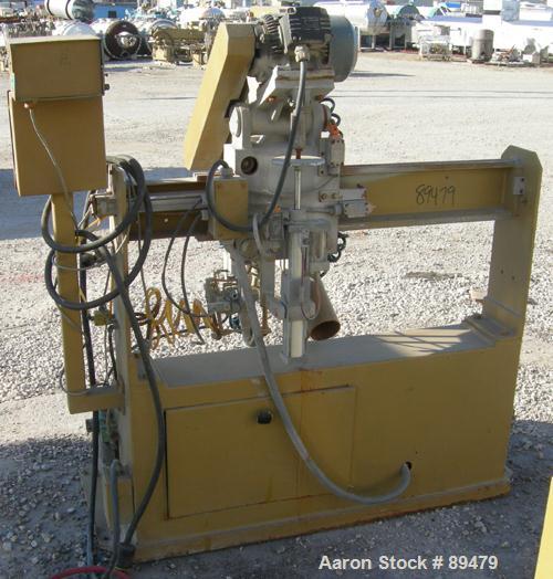 USED: Royal Machine traveling cut off chop saw, model 101. Approximate 14" diameter blade, pneumatically adjustable hold downs, approximate 24" saw travel. Driven by a 2 hp, 3/60/575 volt, 3495 rpm m...