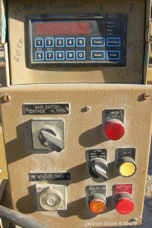 USED: Royal Machine traveling cut off chop saw, model 101. Approximate 14" diameter blade, pneumatically adjustable hold downs, approximate 24" saw travel. Driven by a 2 hp, 3/60/575 volt, 3495 rpm m...