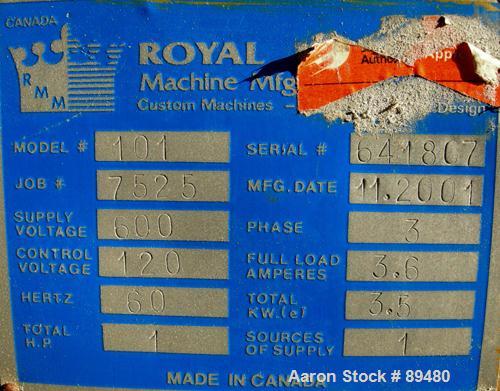 Used Royal Machine Traveling Cut Off Chop Saw, Model 101. Approximate 14" diameter blade, pneumatically adjustable hold downs, approximate 24" saw travel. Driven by a 2 hp, 3/60/575 volt, 3495 rpm mo...
